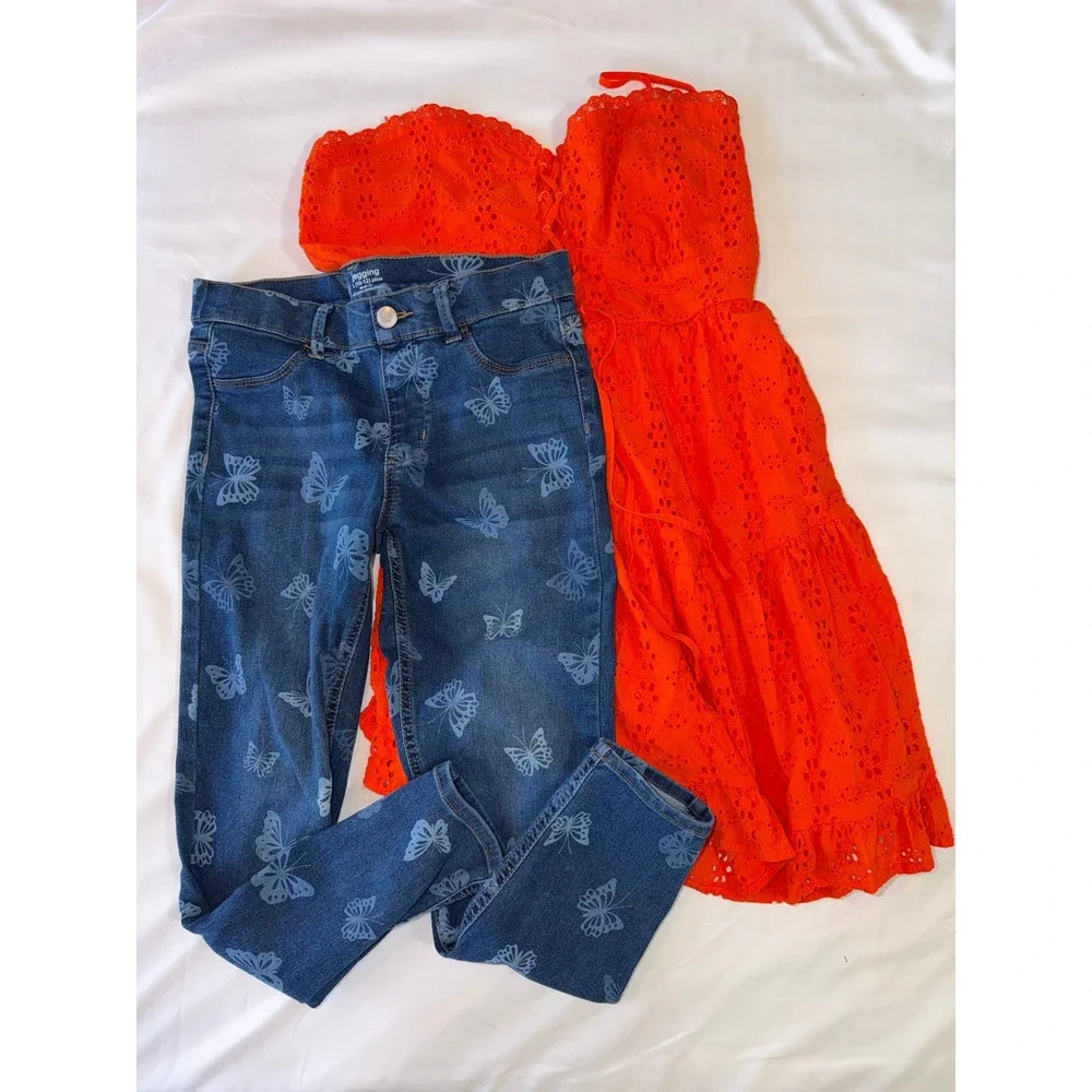 Girls Upcycled Butterfly Denim Eyelet Tiered Ruffle Skirt Size L 10-12 Plus Boho